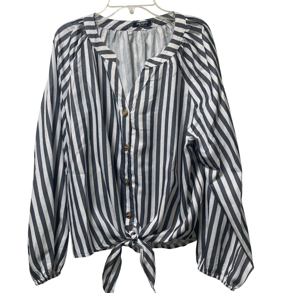 Zeagoo Womens Grey White Striped Tie Front Cotton Blouse Long Sleeve V-Neck L